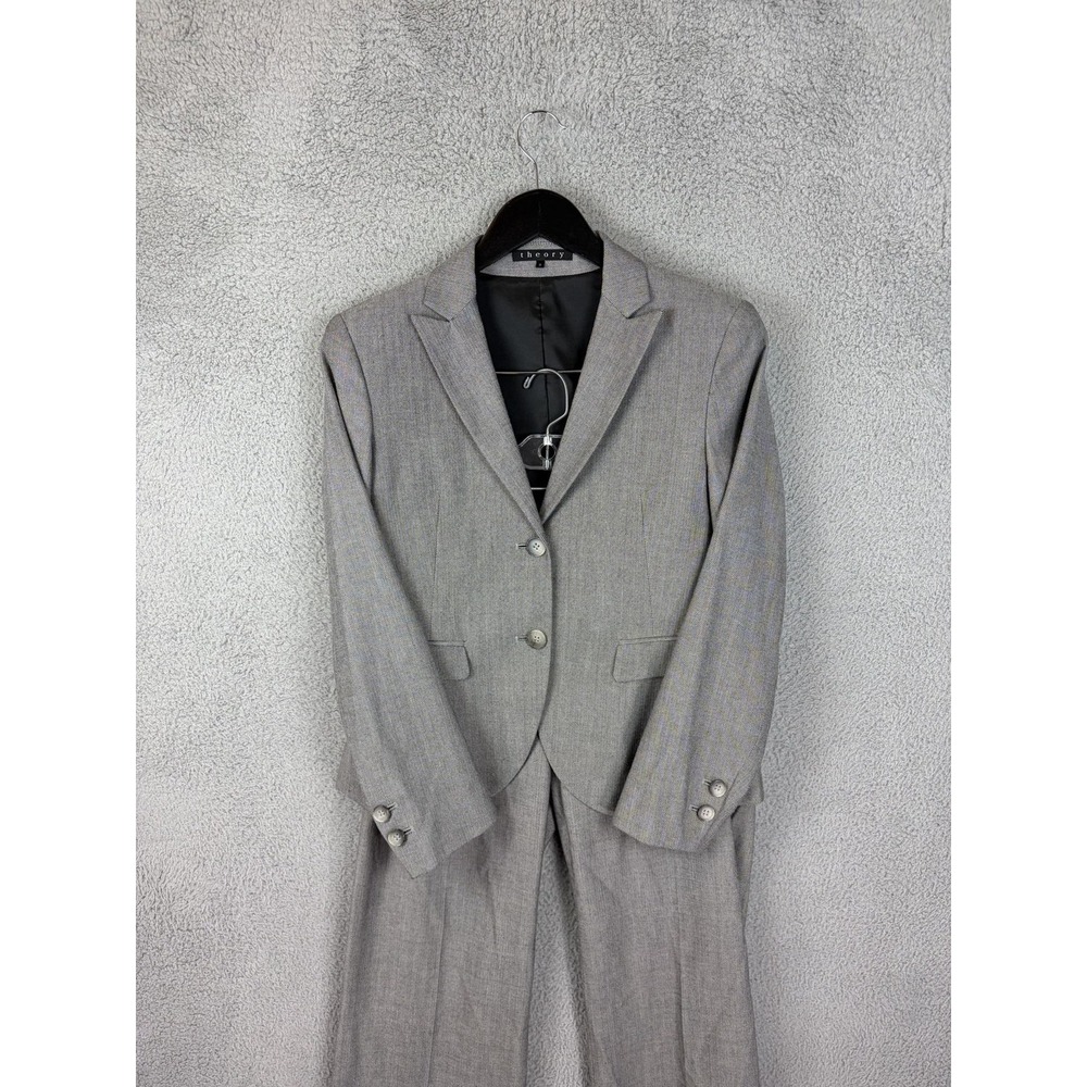 Theory Pant Suit Womens 8 Gray Herringbone Stretch Jacket Pants Office Work Wool